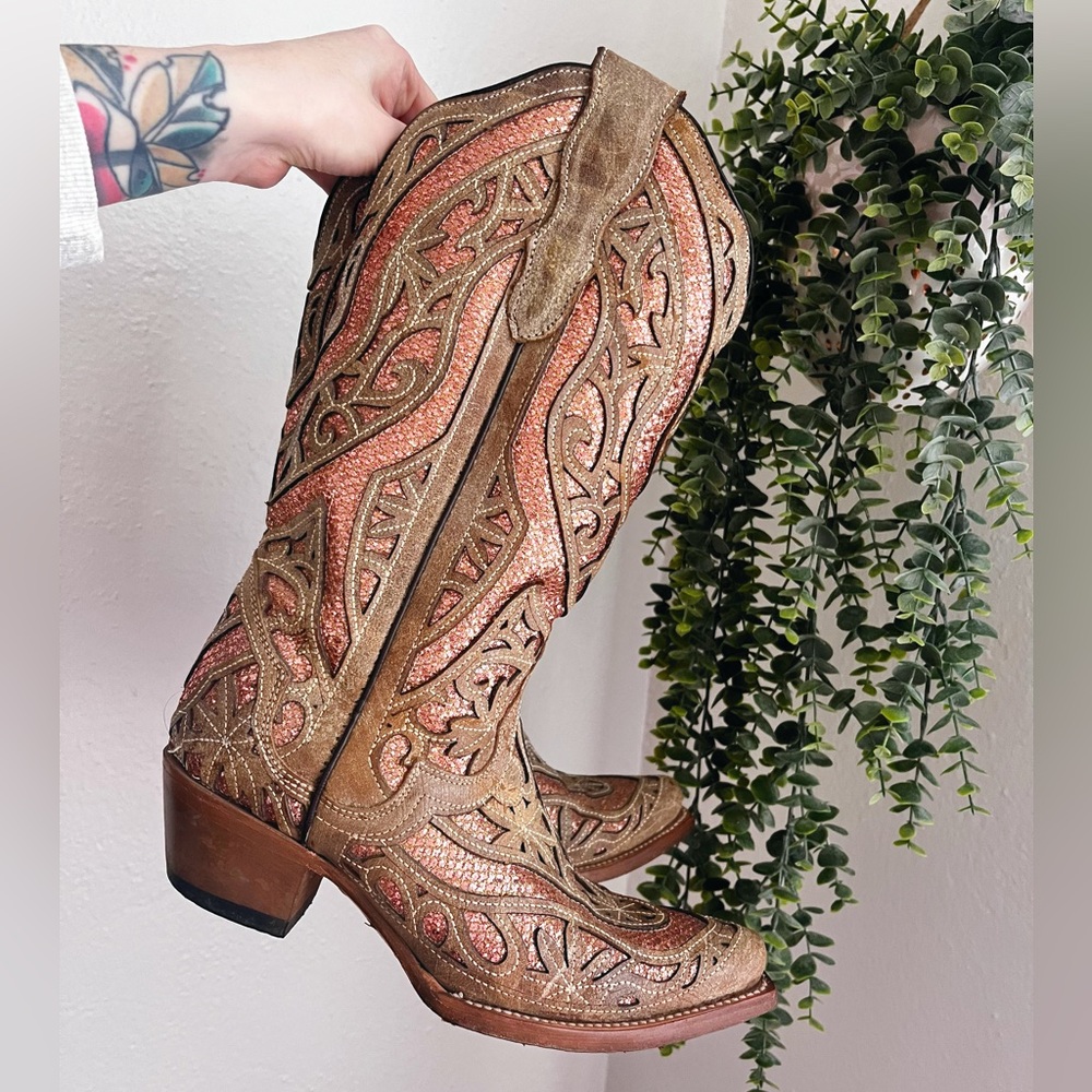 Brown and Pink Embroidered Heeled Boots